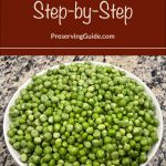 This image features a bowl full of fresh, shelled green peas placed on a granite countertop. At the top of the image, a brown banner contains bold white text that reads, “How To Freeze Peas Step-by-Step,” followed by the website “PreservingGuide.com.” The image promotes a step-by-step guide for freezing peas, focusing on home preservation with a clean and straightforward design.