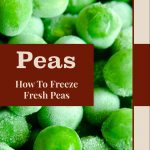 This image features a close-up of frozen peas with a light frosty coating, creating a vibrant green texture. In the center, a brown banner contains bold text that reads "Peas" followed by "How To Freeze Fresh Peas" in a smaller, elegant font. At the bottom, "PreservingGuide.com" is written, reinforcing the educational nature of the content. The layout is clean and balanced, focusing on providing instructions for freezing fresh peas in a visually appealing way.