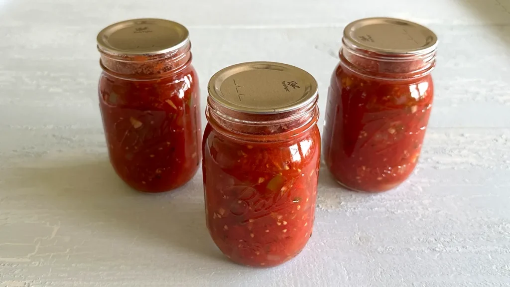 Three mason jars of fresh vegetable salsa that have been canned sitting on a pale blue surface.