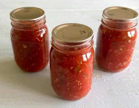 Three mason jars of fresh vegetable salsa that have been canned sitting on a pale blue surface.