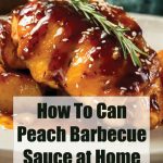 This image features a close-up of a savory, glazed piece of chicken drizzled with peach barbecue sauce and garnished with a sprig of fresh rosemary. Overlaid on the lower part of the image is the text, “How To Can Peach Barbecue Sauce at Home,” along with “PreservingGuide.com,” promoting a recipe or guide for making and preserving peach BBQ sauce.