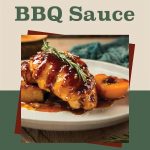 This image promotes a guide on canning peach barbecue sauce. It features a background of neutral cream and green tones, with a centered, slightly tilted image of a plate of roasted chicken topped with peach BBQ sauce and garnished with rosemary, alongside a halved grilled peach. The text above the image reads, "How To Water Bath Can Peach BBQ Sauce" in bold fonts, emphasizing the canning method. At the bottom, there's a mason jar icon, reinforcing the preservation theme.