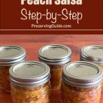 The image features five mason jars filled with homemade peach salsa, neatly arranged on a wooden surface. The top portion of the image contains text that reads, "How To Can Peach Salsa Step-by-Step" with the website "PreservingGuide.com," indicating a detailed guide for canning peach salsa at home.