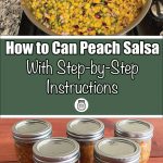 The image is divided into two sections. The top section shows a pot filled with diced peaches, red onions, jalapeños, and herbs, illustrating the preparation of peach salsa. The lower section displays five mason jars filled with peach salsa placed on a wooden surface. Text in the center reads, "How to Can Peach Salsa With Step-by-Step Instructions," along with a small jar icon, indicating a comprehensive guide on canning peach salsa at home.