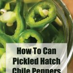 The image shows a close-up of a jar filled with sliced green Hatch chile peppers, submerged in brine. The vibrant green peppers fill the entire frame, showcasing their freshness and texture. Overlaid on the bottom of the image is a text block that reads, "How To Can Pickled Hatch Chile Peppers," with "PreservingGuide.com" written below it. This image serves as a cover for a recipe guide on canning pickled Hatch chile peppers.