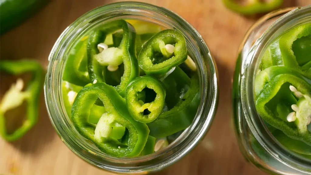 Pickled Hatch Peppers rings in a mason jar prepared to be pickled for canning.