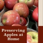 The image features a close-up of fresh red apples in baskets, with a text overlay on a brown background that reads "Preserving Apples at Home." The background is beige with a border that complements the text color. At the bottom of the image, there is a small text that reads "PreservingGuide.com," indicating a source for apple preservation information. This graphic appears to be designed for a guide on how to preserve apples at home.