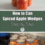 This image is divided into two sections. The top part shows three mason jars filled with spiced apple wedges sitting on a light-colored surface, while the bottom section shows several jars in a steam canning setup on a stovetop. A green banner in the center reads “How to Can Spiced Apple Wedges Step-by-Step” in bold white text, with a small mason jar icon below. The design promotes a detailed guide for canning spiced apple wedges, combining visuals of both the process and the finished product to create an informative and practical layout.