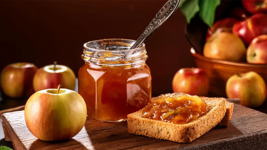 Canning jar of apple pie jam with a silver spoon sticking out of the top. Next to it on a cutting board are two pieces of toast with jam on them. There are apples in the background of the image.