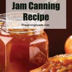 This image shows a Pinterest pin promoting an "Apple Pie Jam Canning Recipe." The pin features a close-up of a jar of golden-brown jam, with a piece of toast spread with the same jam in the foreground. The text on the image reads, "Apple Pie Jam Canning Recipe" with the website PreservingGuide.com written underneath. The overall design gives a homemade, rustic appeal, highlighting the jam’s texture and inviting presentation.