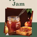 This Pinterest pin provides a guide on "How to Water Bath Can Apple Pie Jam." The image showcases a jar of rich, amber-colored apple pie jam with a spoon inside, placed next to a slice of toast covered with the jam. In the background, apples and a basket add to the rustic feel. The mason jar icon at the bottom ties into the canning theme. The text at the top emphasizes the method of preserving the jam through water bath canning, offering a clear step-by-step appeal for homemade preserves.