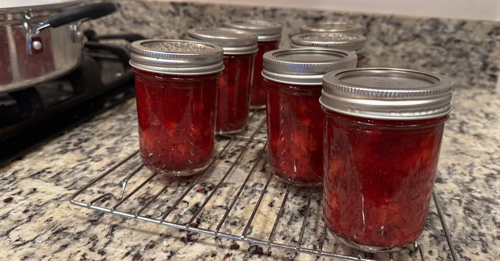 Eight jars of cranberry rum sauce cooling on a wire rack on a granite countertop. The jars are sealed with silver lids, and the vibrant red color of the sauce, filled with visible cranberry pieces, contrasts against the speckled countertop. The scene suggests the final stage of homemade canning, with a pot visible in the background on the stovetop.