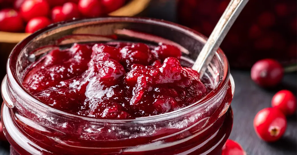 Upclose shot of a mason jar full of cranberry raspberry jam with a spoon sticking out of the jam. Scattered cranberries and a bowl of cranberries in the background.