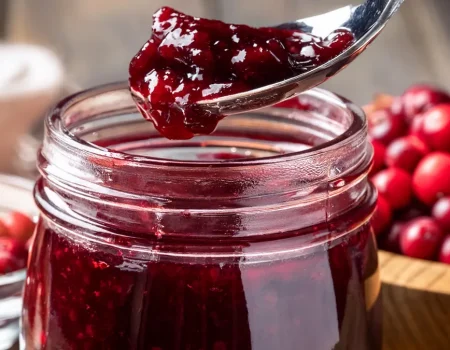 Mason jar of cranberry raspberry jam with a spoon full of jam. Two bowls of cranberries in the background.