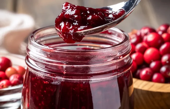 Mason jar of cranberry raspberry jam with a spoon full of jam. Two bowls of cranberries in the background.