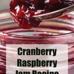 Close-up of a spoon scooping cranberry raspberry jam from a jar, with bold text overlay reading 'Cranberry Raspberry Jam Recipe' and the website 'PreservingGuide.com' at the bottom.