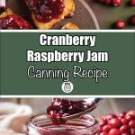 Two images display cranberry raspberry jam on toast and in a jar. The top section shows toast with jam beside a bowl of cranberries, while the bottom shows a spoonful of jam being lifted from a jar with fresh cranberries in the background. The text in the center reads 'Cranberry Raspberry Jam Canning Recipe' with a small jar icon below.