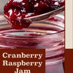 A close-up of a spoonful of cranberry raspberry jam being lifted from a jar. The bottom section has a brown box with the text 'Cranberry Raspberry Jam,' and the website 'PreservingGuide.com' is displayed at the bottom of the image.