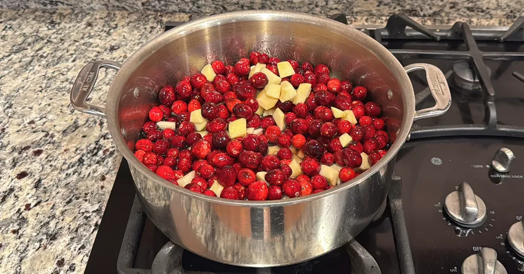 A large stainless steel pot on a stovetop holds fresh cranberries and chopped apples, ready to be cooked for cranberry rum sauce. The vibrant red cranberries and light yellow apple pieces create a colorful mix against the pot's metal interior. This image captures the beginning of the sauce-making process in a home kitchen.