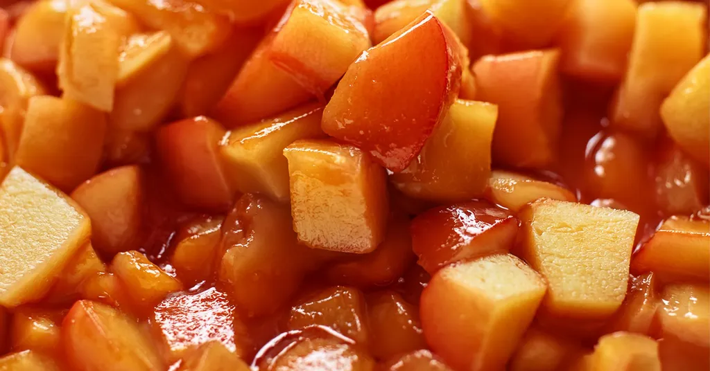 Close up photo of diced apples in a jam solution. Used for making apple pie jam.