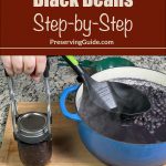 The image displays the process of home canning black beans, with a sealed jar of beans being lifted using a jar lifter beside a large pot filled with black beans. The overlay text at the top reads, "How To Can Black Beans Step-by-Step," and "PreservingGuide.com" is noted below, emphasizing a detailed guide on canning beans at home.