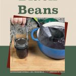 The image shows a step in the process of pressure canning black beans. A sealed jar of black beans is being lifted beside a blue pot filled with black beans in liquid, with a ladle resting inside. The text overlay at the top reads, "How To Pressure Can Black Beans," indicating a tutorial on preserving black beans through pressure canning. An icon of a mason jar is displayed at the bottom.