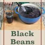 The image showcases the pressure canning process for black beans. A sealed mason jar of black beans is being held beside a large blue pot filled with black beans and a ladle resting inside. The text overlay at the top reads "Pressure Canning" and "Black Beans" below, with a mason jar icon at the bottom, emphasizing the home canning method.