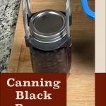 The image features a close-up of a sealed mason jar of black beans being held by a jar lifter on a wooden cutting board. The text overlay at the bottom reads "Canning Black Beans" with the website name "PreservingGuide.com" beneath, emphasizing instructions or a guide on home canning black beans. The composition highlights the jar's secure seal and preservation method.