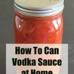 This image displays a sealed glass jar filled with homemade vodka sauce placed on a dark countertop. The overlay text reads, "How To Can Vodka Sauce at Home," with a link to PreservingGuide.com, emphasizing a guide to safely preserving this creamy, tomato-based sauce for later use.