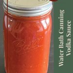 This image features a close-up of a jar of homemade vodka sauce with a sealed lid, positioned on a dark surface. The design includes a vertical label reading "Water Bath Canning Vodka Sauce," paired with a "Tips & Tricks" badge, highlighting practical insights for home canning. A small jar icon at the bottom adds a touch of detail that emphasizes the preservation theme.