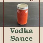 This image showcases a single jar of homemade vodka sauce, neatly sealed and placed on a dark surface. The design is framed with a clean, minimalist style and includes the title "Canning Vodka Sauce" at the top and center, emphasizing the preservation aspect. A small jar icon at the bottom further ties into the canning theme.