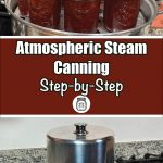 A stainless steel atmospheric steam canner filled with jars of preserves, shown in use on a stovetop with a speckled countertop. The text overlay reads 'Atmospheric Steam Canning Step-by-Step,' making this image ideal for tutorials on canning techniques, food preservation, and steam canning processes.