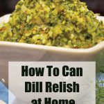 A bowl of homemade dill relish piled high, featuring fresh chopped cucumbers and dill. The text overlay reads 'How To Can Dill Relish at Home' along with 'PreservingGuide.com,' ideal for guides on canning dill relish, dill relish recipes, or water bath canning homemade dill relish.