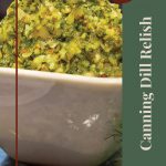 A close-up of a bowl of homemade dill relish, highlighting its vibrant texture and fresh ingredients, with dill in the background. The text overlay reads 'Tips & Tricks' and 'Canning Dill Relish,' making this image perfect for guides on preserving dill relish or water bath canning techniques.