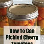 Glass jars filled with pickled cherry tomatoes, sealed with Ball SureTight lids and displayed on a light-colored surface. The text overlay reads 'How To Can Pickled Cherry Tomatoes' with 'PreservingGuide.com,' making it suitable for guides on pickling cherry tomatoes, canning recipes, or water bath canning techniques.