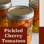 A close-up of three jars of pickled cherry tomatoes infused with herbs and sealed with Ball SureTight lids, displayed on a light-colored surface. The text overlay reads 'Pickled Cherry Tomatoes' with 'PreservingGuide.com,' making it suitable for preserving guides, pickling recipes, and canning tutorials.