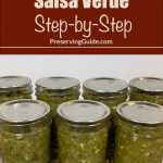 Seven glass jars of homemade salsa verde sealed with Ball SureTight lids, displayed on a speckled countertop. The image features text overlay reading 'How To Can Salsa Verde Step-by-Step' and 'PreservingGuide.com,' ideal for those searching for a detailed salsa verde recipe or guidance on water bath canning salsa verde.