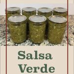 Seven glass jars of homemade salsa verde sealed with Ball SureTight lids, neatly displayed on a speckled countertop. The text overlay reads 'Water Bath Canning Salsa Verde,' ideal for showcasing a guide to preserving salsa verde or a detailed water bath canning salsa verde recipe.