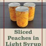 This image features three mason jars filled with sliced peaches in light syrup on a dark surface. The design is framed with a beige background, bordered in red, and labeled with the title "Steam Canning" at the top and "Sliced Peaches in Light Syrup" below the image. A small jar graphic is placed at the bottom, tying the theme to food preservation. Ideal for educational or step-by-step canning guides.