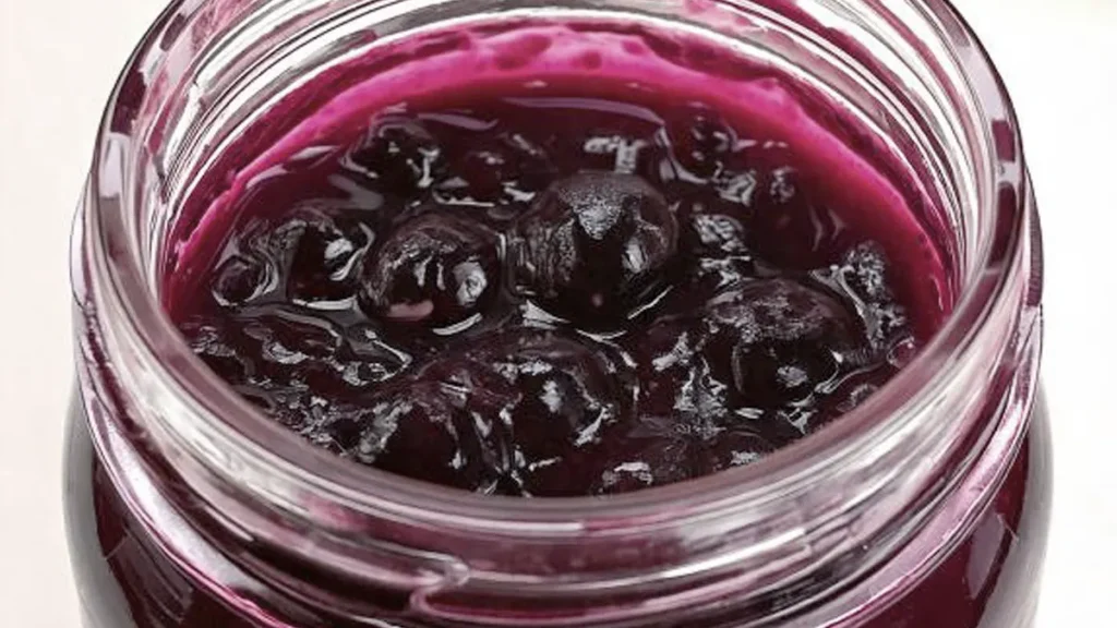 Blueberry Pie Filling in a glass mason jar.