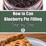 This image combines two visuals: the top section shows a jar of glossy blueberry pie filling, while the bottom section features a slice of blueberry pie on a plate, highlighting its rich filling and golden crust. The central text overlay reads, "How to Can Blueberry Pie Filling Step-by-Step," with a mason jar illustration beneath.