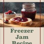 Image of a jar of blueberry raspberry freezer jam next to a slice of bread spread with the jam, accompanied by a small bowl of fresh blueberries and raspberries and a spoon on a wooden surface. The top text reads 'Blueberry Raspberry,' and the bottom features the text 'Freezer Jam Recipe,' framed by a red border. A decorative jar icon is centered at the bottom of the design.