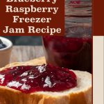 Image of a jar of blueberry raspberry freezer jam placed beside a slice of bread generously spread with the jam, with a small bowl of fresh blueberries and raspberries partially visible in the background. A bold text overlay reads 'Blueberry Raspberry Freezer Jam Recipe,' set against a red-brown background. The bottom includes the website name 'PreservingGuide.com.'