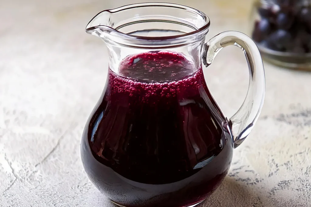 Blueberry Syrup in a glass pitcher.