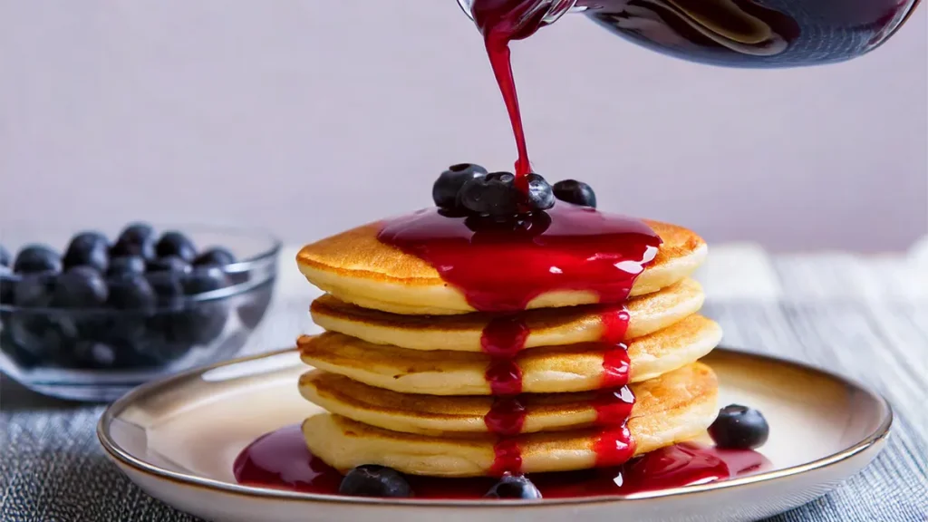 Blueberry syrup being poured on a stack of pancakes with fresh blueberries.