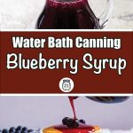 Top section shows a glass pitcher filled with homemade blueberry syrup, while the bottom section features a stack of golden pancakes topped with fresh blueberries and drizzled with vibrant blueberry syrup being poured from a pitcher. The text overlay reads 'Water Bath Canning Blueberry Syrup' with a decorative jar icon in the center, combining a rustic and delicious theme.