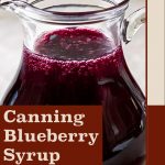 A close-up of a glass pitcher filled with dark, glossy blueberry syrup, set against a softly blurred background. The text overlay reads 'Canning Blueberry Syrup' in bold white lettering on a rich burgundy panel, with 'PreservingGuide.com' featured at the bottom. The design combines earthy tones and a clean layout for a rustic, informative feel.