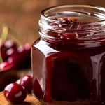 Chocolate cherry jam in a jar sitting on a wooden board with cherries in the background.