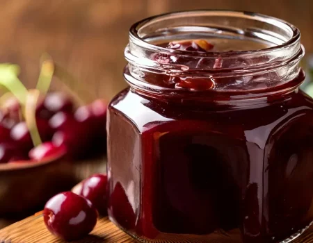 Chocolate cherry jam in a jar sitting on a wooden board with cherries in the background.