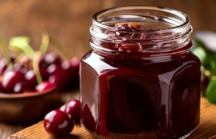 Chocolate cherry jam in a jar sitting on a wooden board with cherries in the background.